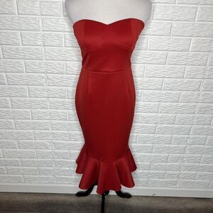 Express Women's Red Midi Strapless Ruffle Dress